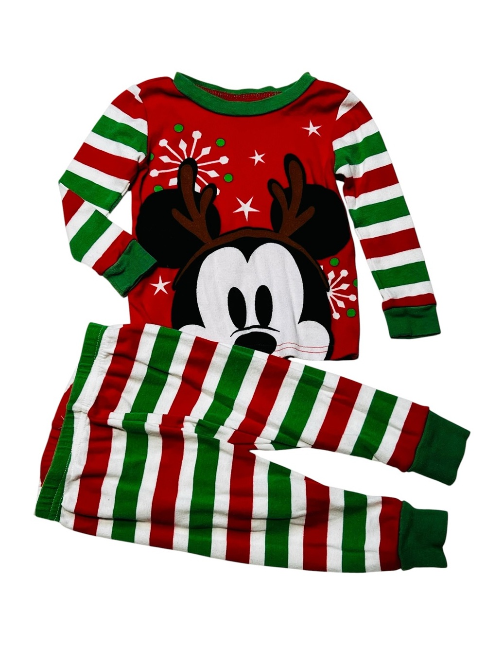 Disney Kids Red, Green & White Mickey Reindeer Holiday Pajama Set